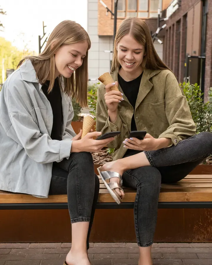 Two teen friends on a city bench with ice cream cones, laughing at a phone