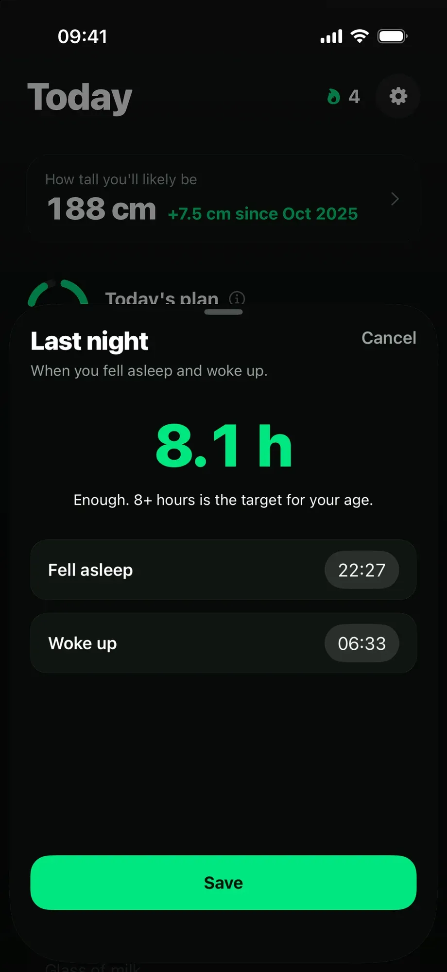 Sleep log: 8.1 hours last night, fell asleep 22:27, woke up 06:33