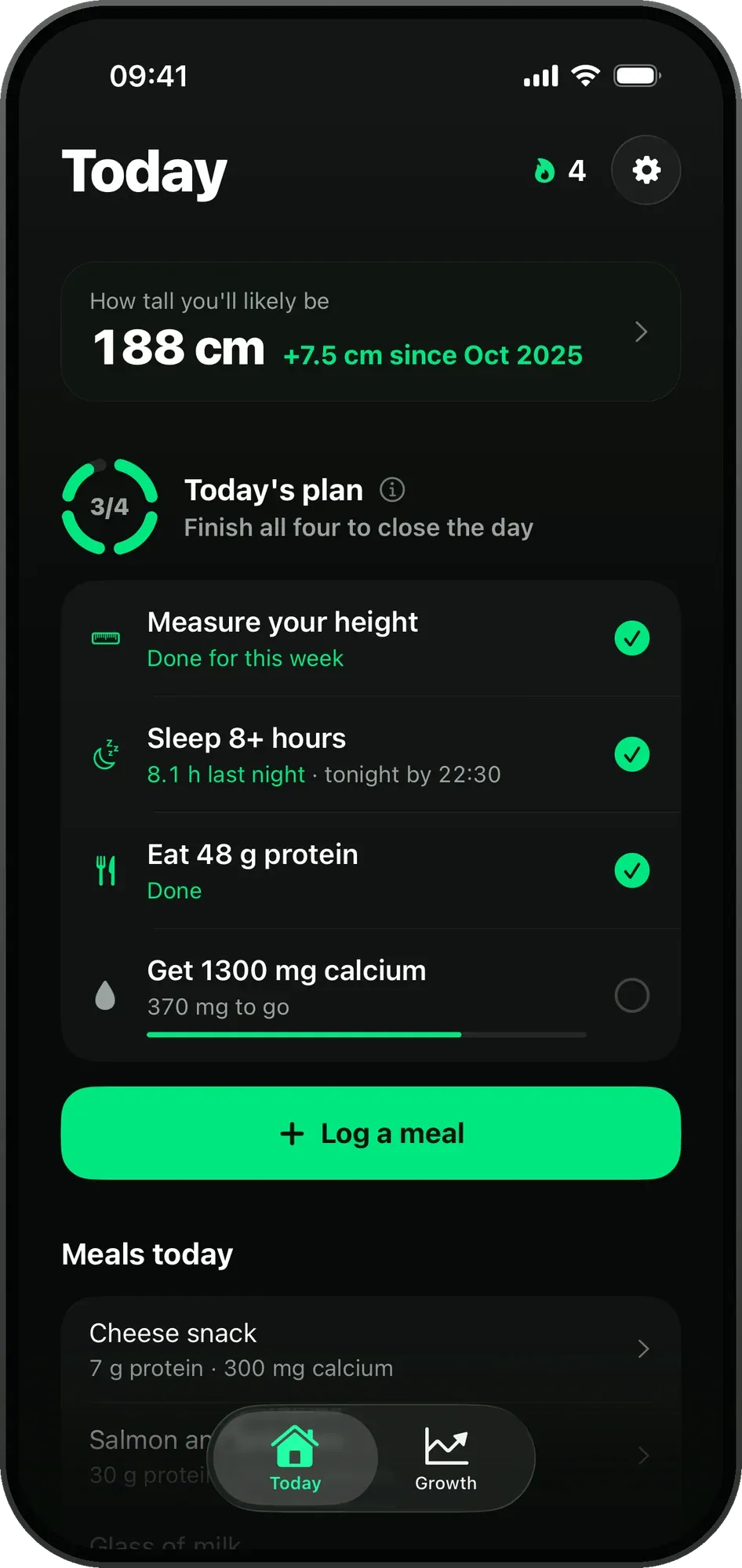 TallPlan Today screen: likely adult height 188 cm and today’s sleep, protein and calcium plan